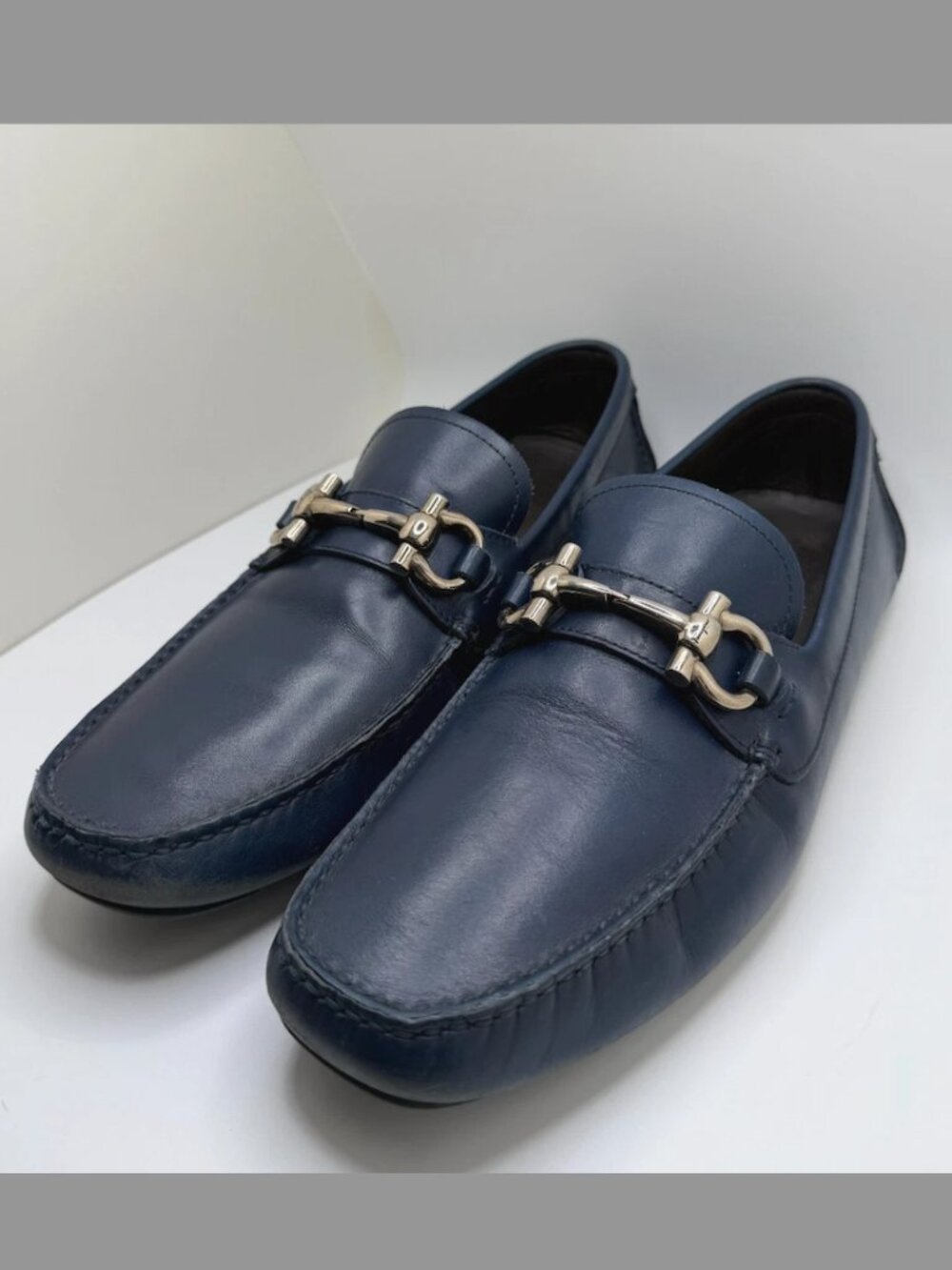 Salvatore Ferragamo Parigi Gancini Bit Driver Loafers 10.5 Navy Blue Leather
